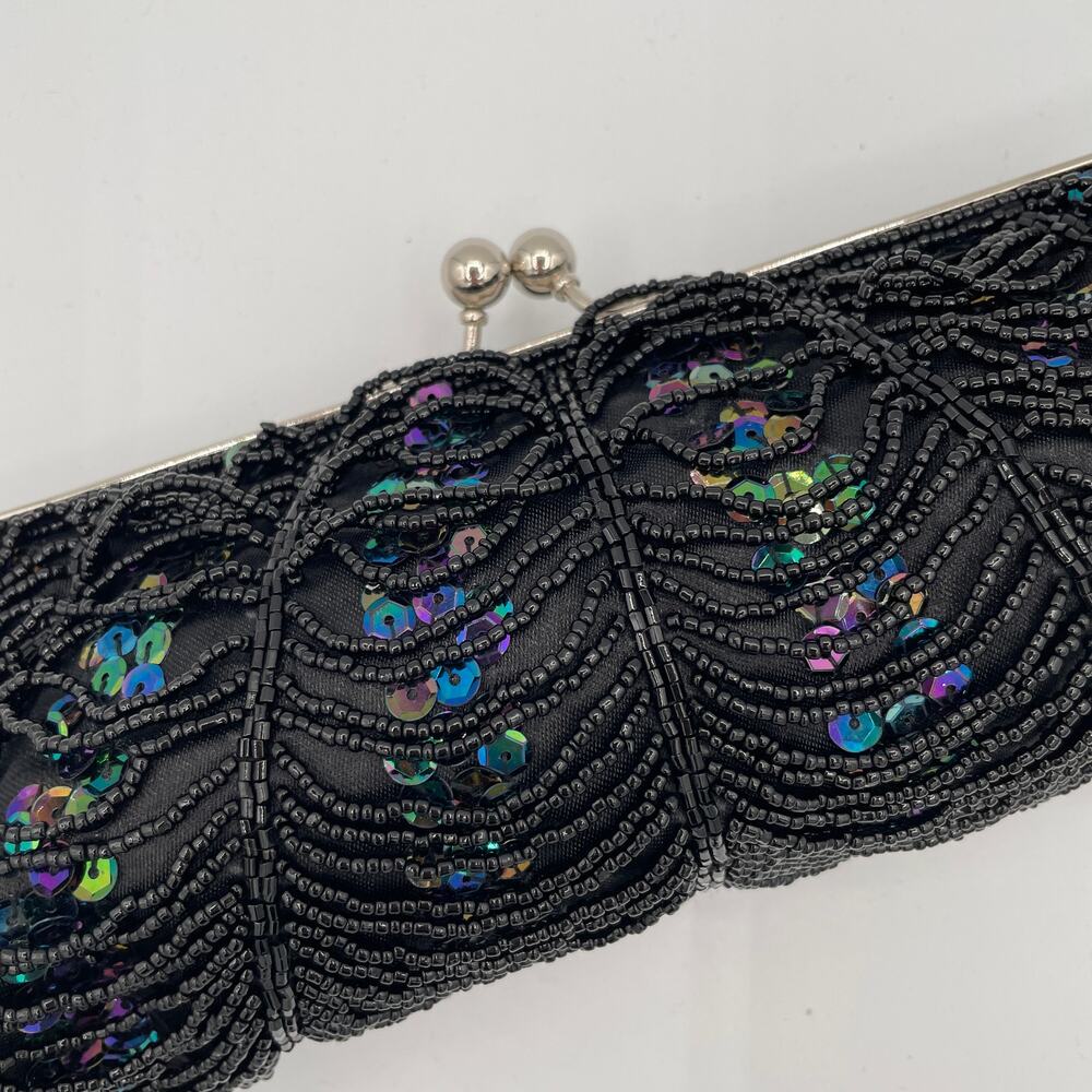Vintage Black Sequin and Bead Evening Clutch Purse Cocktail Party Handbag